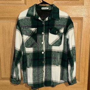 Amazon Green and White Plaid Button-Up Shirt Shacket